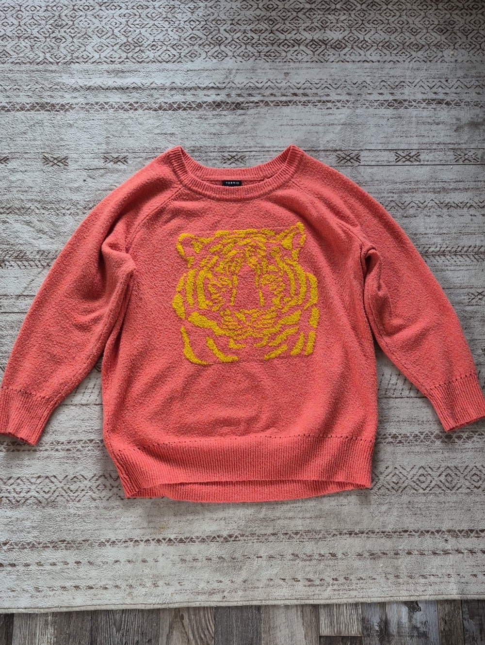 torrid Coral Crewneck Sweater with Yellow Tiger Motif